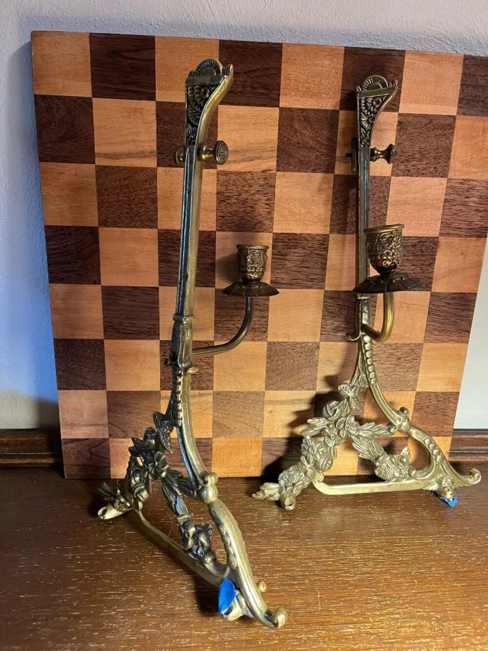 Pair of Ornate Brass Brackets for Holding a Mirror A1175, some missing screws